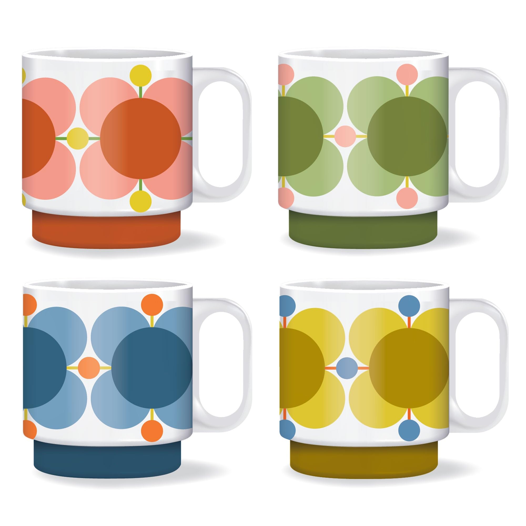 Orla Kiely Set of 4 Stacking Mugs Atomic Flower Bubblegum/Basil/Sky/Sunflower