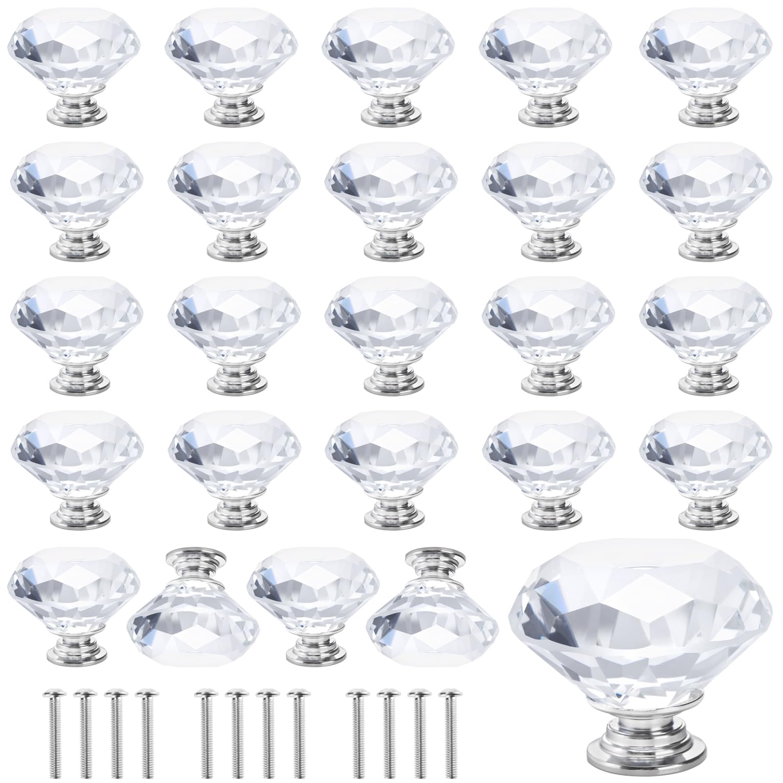 TAICHEUT 30 PCS 40mm Clear Crystal Door Knobs, Diamond Crystal Cabinet Knobs with Screws, Cupboard Cabinet Handles for Home, Kitchen, Office
