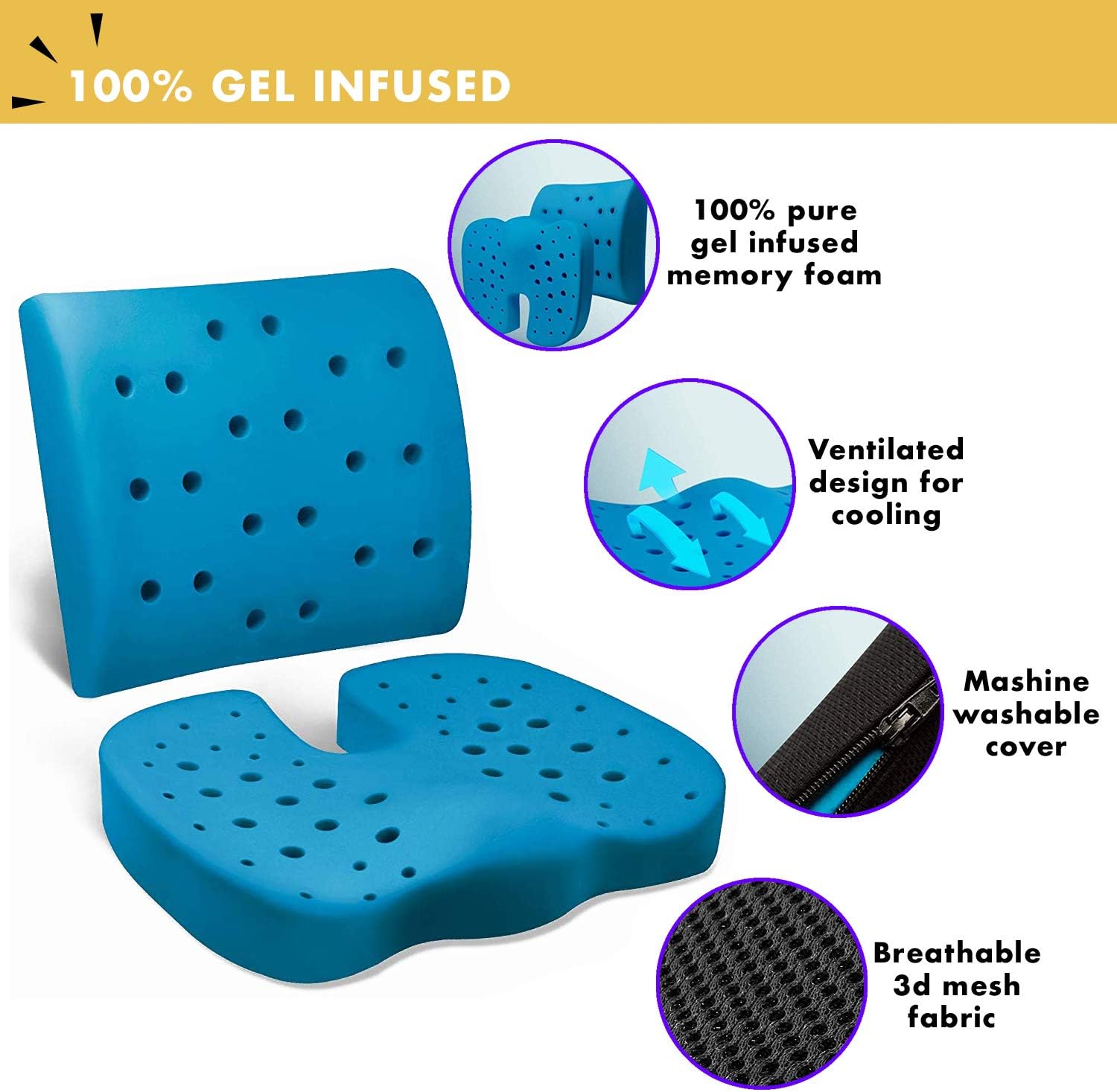 Lifestyle Memory Foam Seat Cushion and Lumbar Back Cushion Combo, Gel Infused Ventilated, Orthopedic Design for Coccyx Tailbone Pain and Sciatica, Perfect for Office Chair: Home & Kitchen