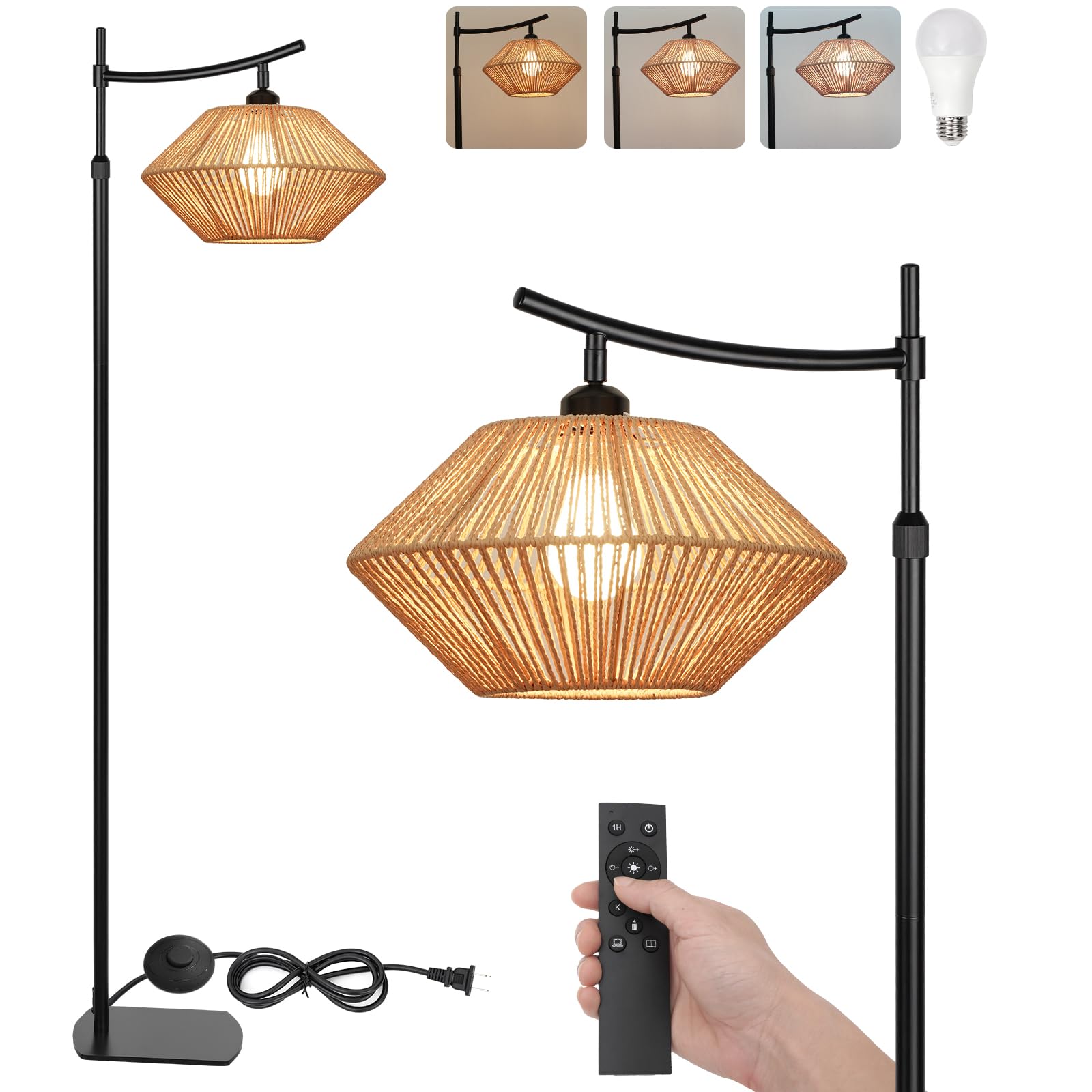 Photo 1 of Arc Boho Farmhouse Black Floor Lamp, Standing Lamp with Rattan & Fabric Double Shade with Remote Control, Dimmable LED Bulb with 5 Color Temperature, Tall Pole for Living Room Bedroom Corner Office