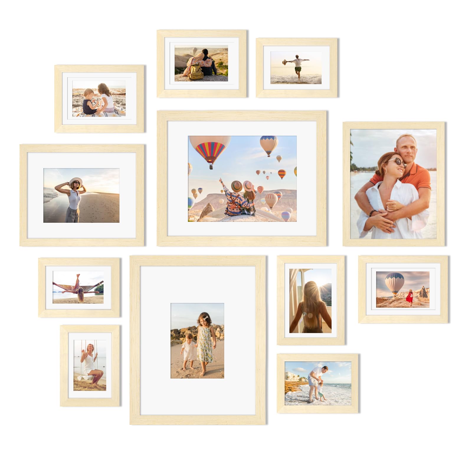 Photo 1 of Egofine Picture Frame Set 12 Pack, Picture Frames Collage Wall Decor with Two 11x14, Two 8x10, Four 5x7, Four 4x6 for Wall and Tabletop, Made of Solid Wood, Covered by Plexiglass, Natural Wood