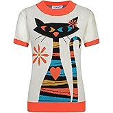 OXKNIT Women's Knitted T-Shirt, 1960s Mod Style Painted Cat Crewneck Cotton Short Sleeve Beige