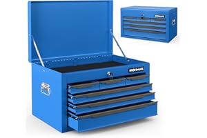 Goplus Steel Tool Box, 24” Tool Chest Case with 6 Drawers, Top Storage, Automatic Lock, Ball Bearing Slides & EVA Liners, Por