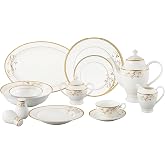 Lorren Home Trends La Luna Bone China 57-Piece 24K Gold Floral Design Dinnerware Set, Service for 8