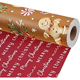 LaRibbons Christmas Wrapping Paper, Double-Sided Gingerbread Cookie Design | Reversible, Candy Canes &amp; Merry Christmas Back, Festive Family Christmas Gift Wrap, 17 Inch X 33 Feet