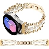 REALSIGN 20MM Pearl Beaded Watch Band Compatible with Samsung Galaxy Watch 7 6 5 4 40/44mm,Watch 4 Classic 42/46mm,Watch 3 41mm,Active 2 Jewelry Wristband Stylish Link Chain Pretty Strap for Women