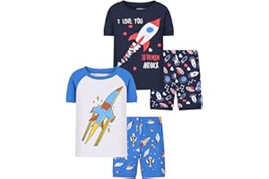 Joyond Boys Pure Cotton Summer Pjs for 2-14 Years, Kids Short Sleeve 4-Piece Pajamas Set Little Boys Sleepwear