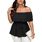 SCOMCHIC Plus Size Off The Shoulder Peplum Tops for Women Summer Ruffle Hem Blouse Chiffon Babydoll Top