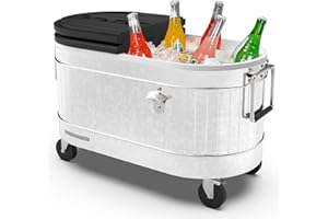 Permasteel 80-Qt Rolling Patio Cooler – Large Outdoor Ice Chest with Wheels, Beverage Cooler for Backyard, BBQ, Tailgate, Beach, Parties, Rustic Farmhouse Design, Galvanized Steel