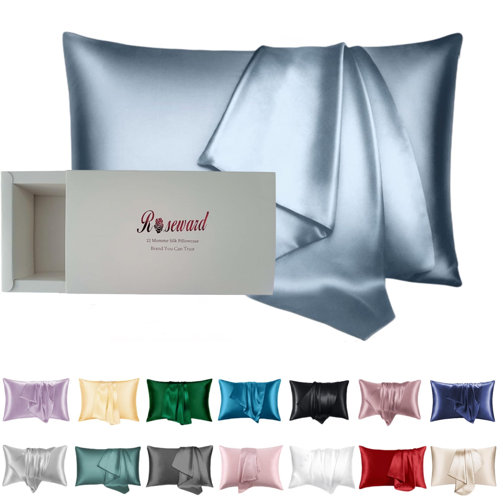 Photo 1 of 100% Mulberry Silk Pillowcase for Hair and Skin Made in USA, Real 22 Momme Silk Pillow Cases Queen, Not Satin Pillowcase, Anti Acne,Zipper Closure, 1 Pc 20"x30" (Queen, Blue Grey)