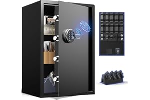 Grimtron Biometric Gun Safe (3.46 cu. ft.) - Include【Gun Rack & Gun Organizer】Quick Access, Fingerprint Security, Backlit Keyboard, Silent Mode and Detachable Crossbar for Gun Safe for Handgun 650F
