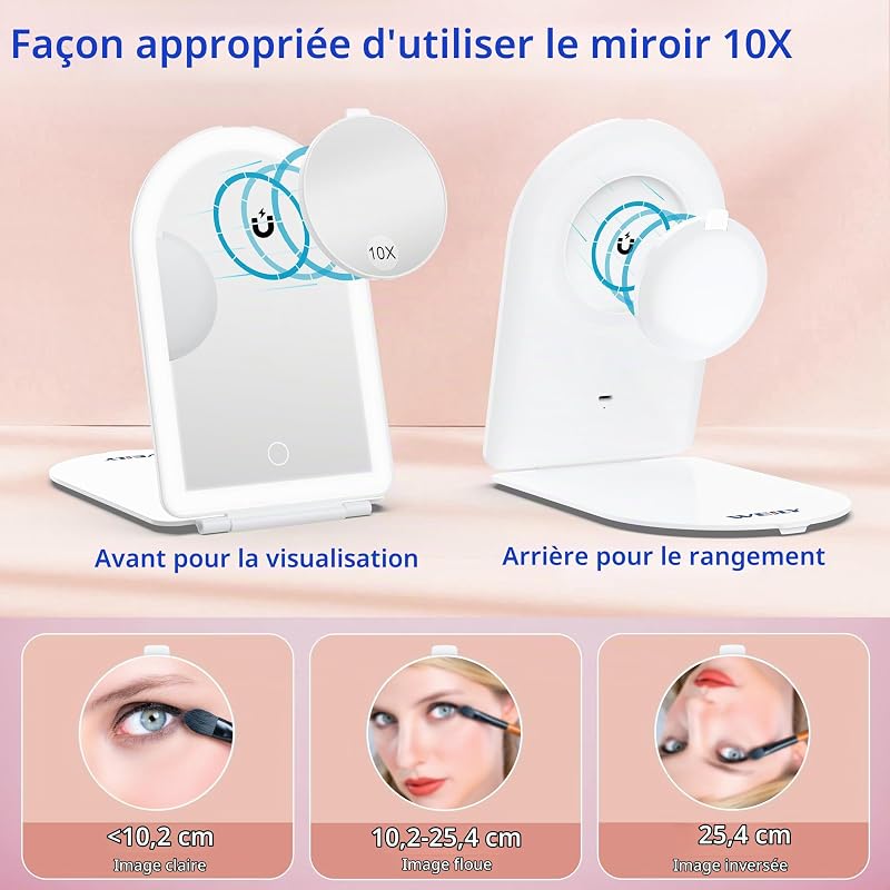 Miroir de Maquillage LED Grossissant 1X/10X, Éclairage 3 Tons Réglable, Miroir de Toilette Portable, Contrôle par Toucher, Blanc