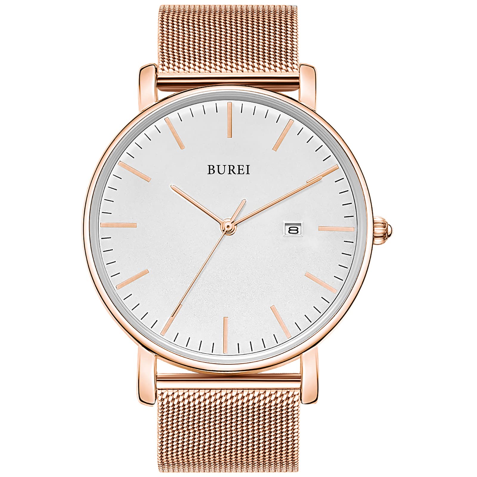 BUREI Men's Watches, Classic Analogue Dial with Date Japanese Quartz and Ultra-Thin Stainless Steel Mesh Band (Rose Gold, Stainless Steel)