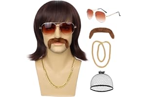Wallden Hair 70s 80s Mens Disco Party Wig with Mustache Glasses Golden Chain Wig Cap For Costume Short Brown Funny Mullet Wigs For Retro Disco Outfit Men Party Hippies Rocker Singer Cosplay Halloween