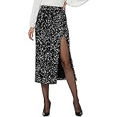 AURUZA Women's Sequin Midi Skirts Side Slit Sparkle High Waist Stretchy Elastic Glitter for Women Skirt Night Out Party