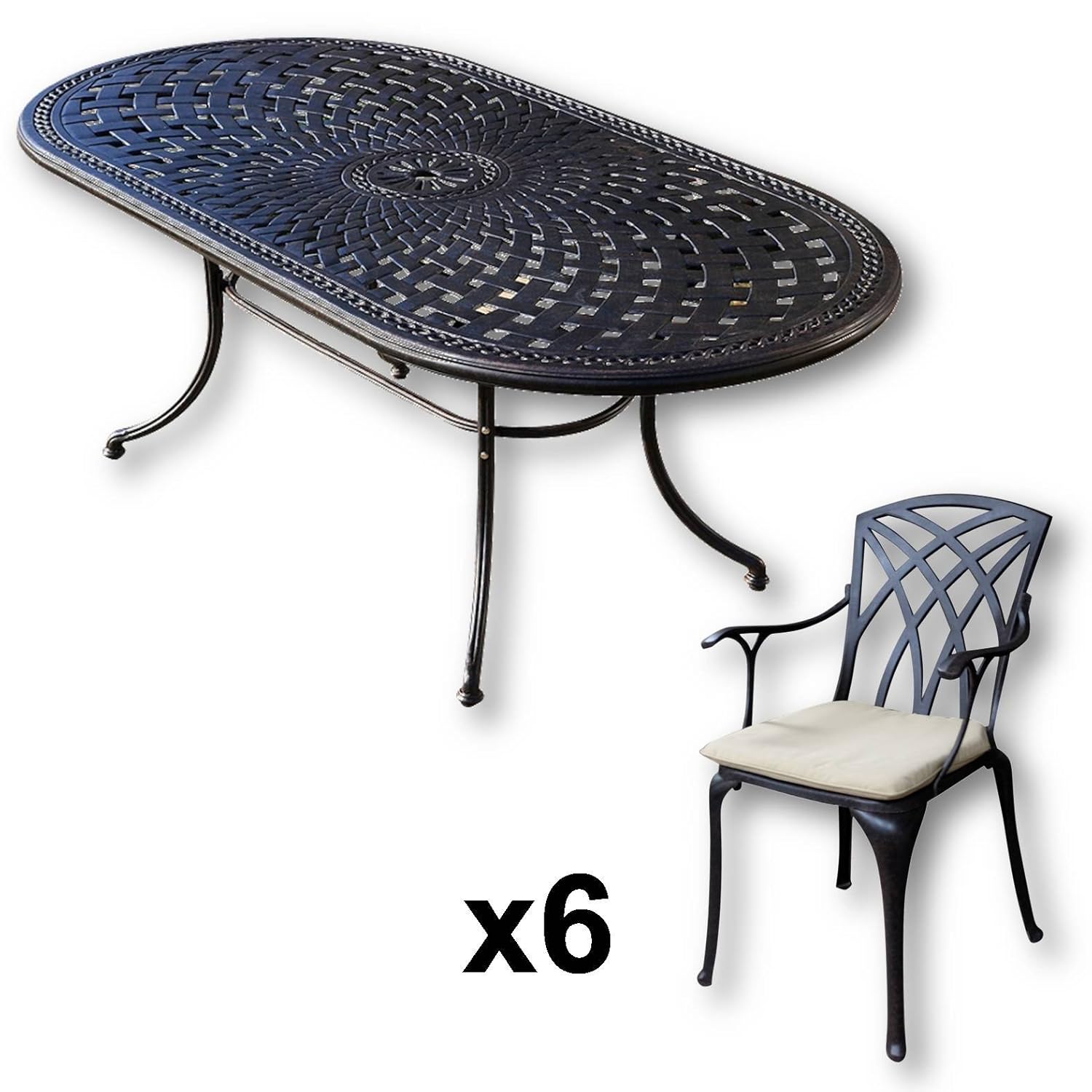 Lazy Susan - CATHERINE 210 x 105 cm Ovaler Gartentisch mit 6 Stühlen