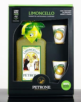 Limoncello 100% natürlich mit Keramik-Gläser von Vietri sul Mare, von Hand bemalt