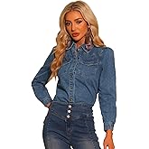 Allegra K Casual Denim Shirt for Women's Button Down Puff Long Sleeves Jean Blouse