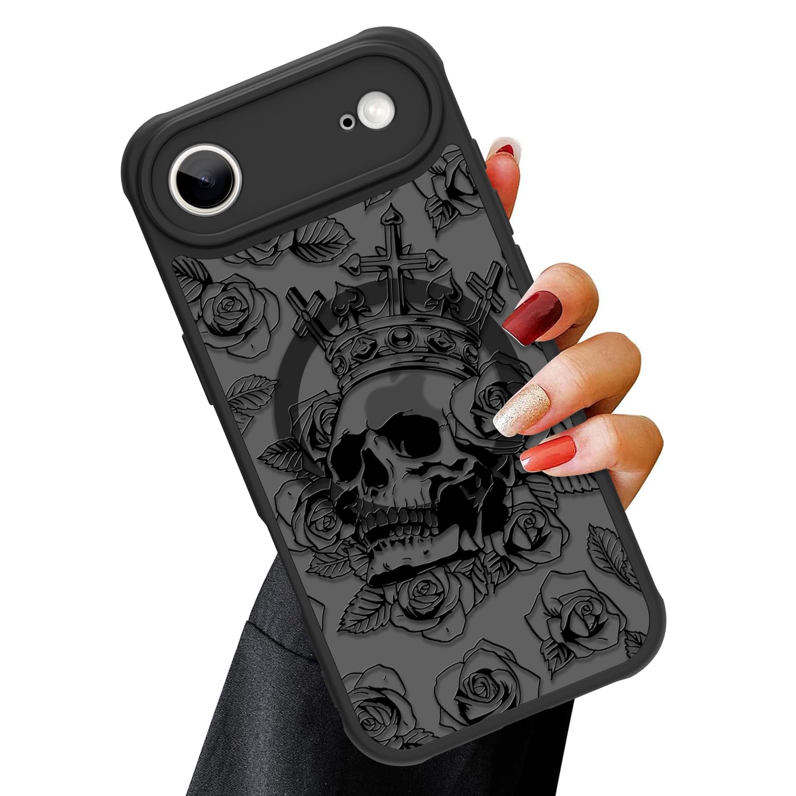 OOK Magnetic Case for iPhone Air (6.5") with Screen Protector, Rose and Skull Floral Design for Women & Girls, [MagSafe Compatible] Slim Translucent Matte Black Cover, Camera Protection,