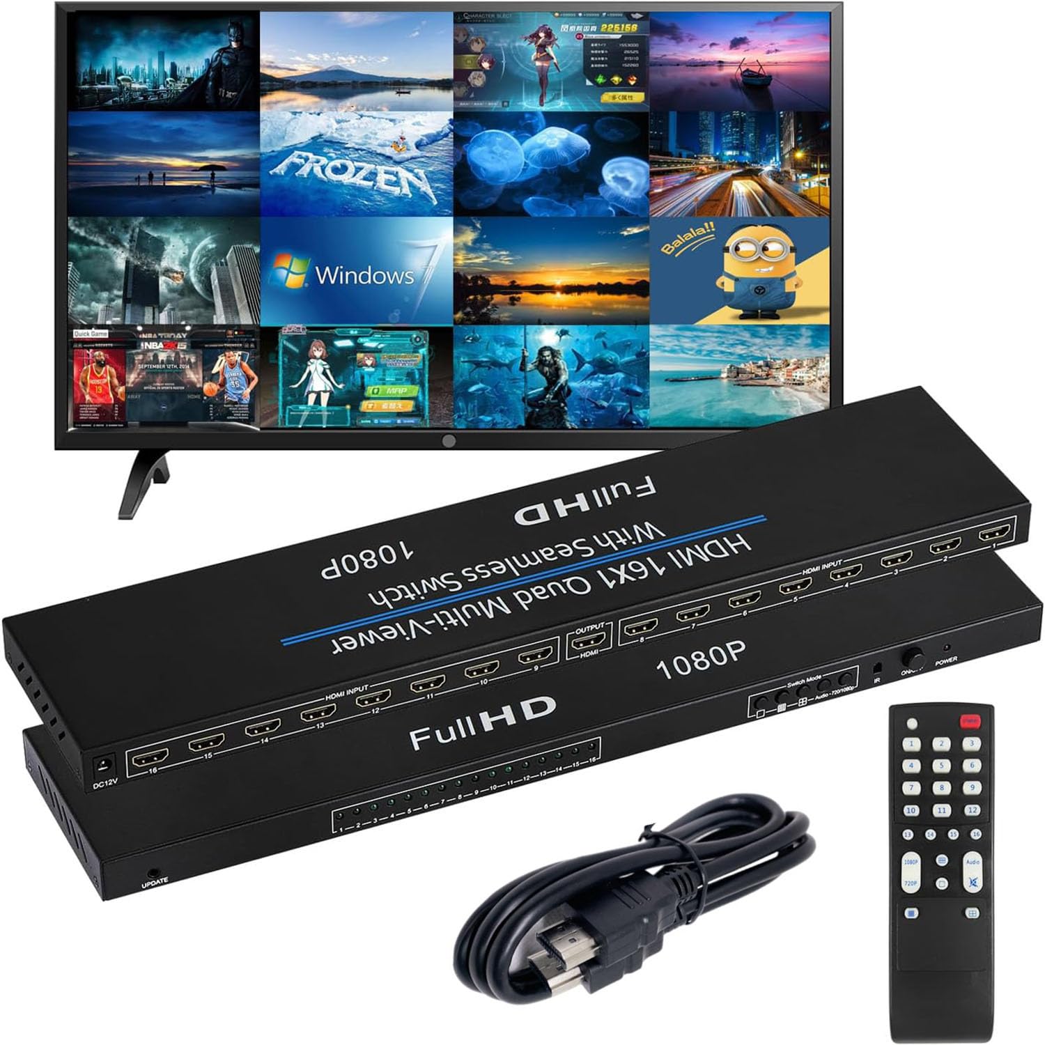 GKRONG HDMI Quad MultiViewer 16x1, Seamless Switcher 16 in 1 Out with IR Remote Control, Support 1080p and 8 Viewing Modes