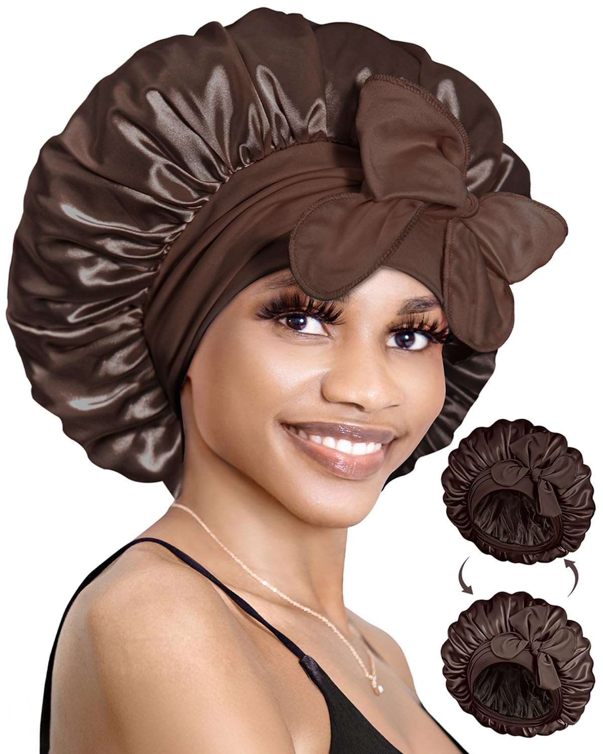 BONNET QUEEN Reversible Satin Bonnet for Sleeping Adjustable Silk Hair Cap for Women Night Head Wrap for Curly Hair Silk Bonnet, Chocolate — image 1