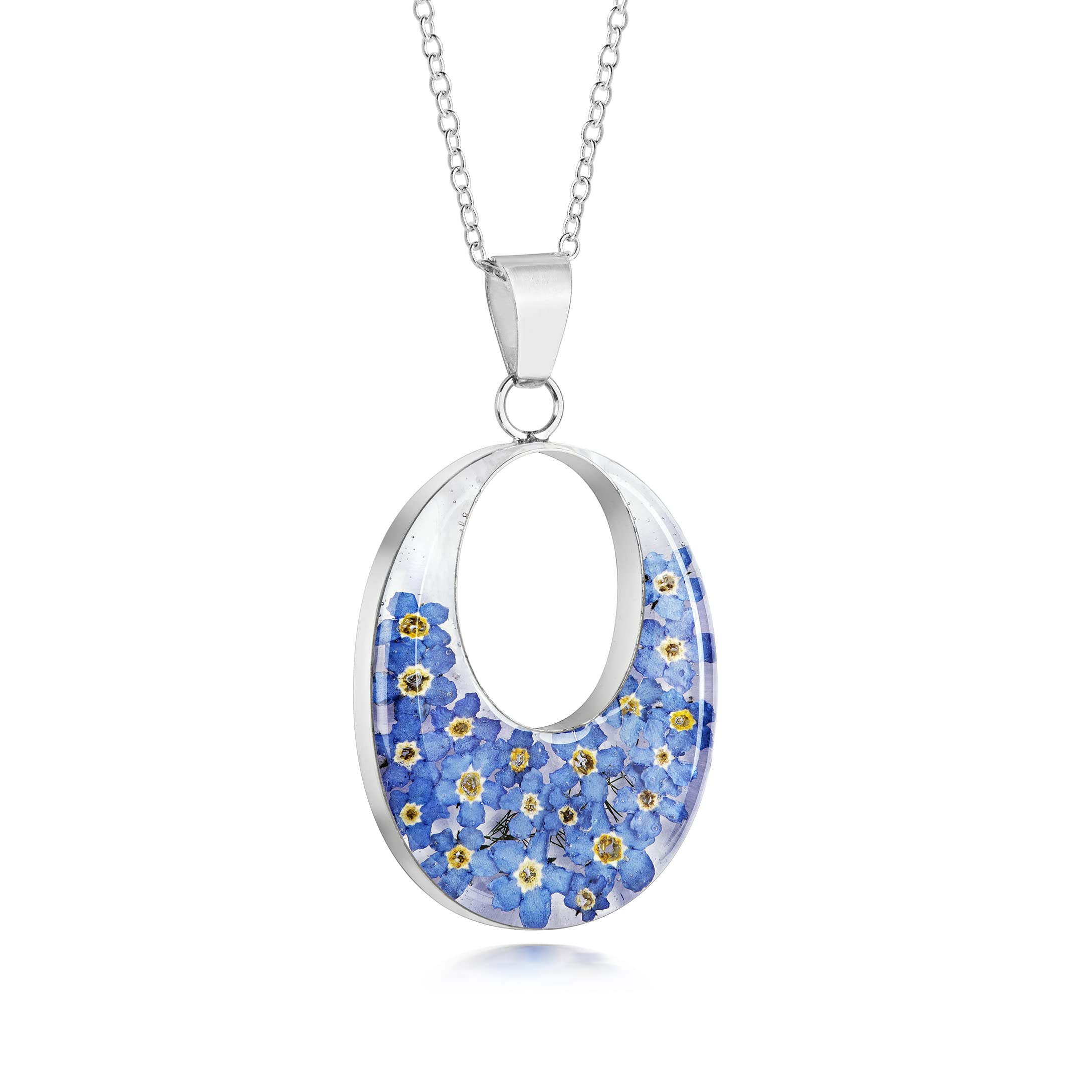 Natural Flower Jewellery Sterling Silver Large Double Oval Pendant Made with Real Forget Me Nots
