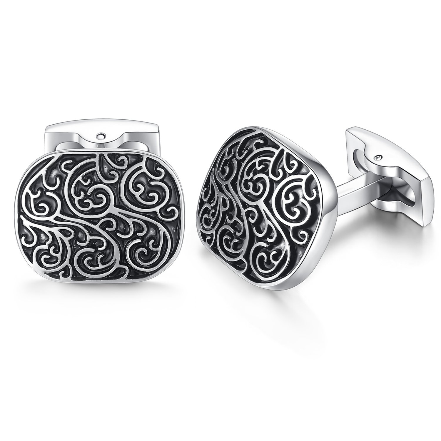 HONEY BEAR Retro Pattern Carved Cufflinks for Men's Shirt, Stainless Steel Business Wedding Gift (Rectangle)