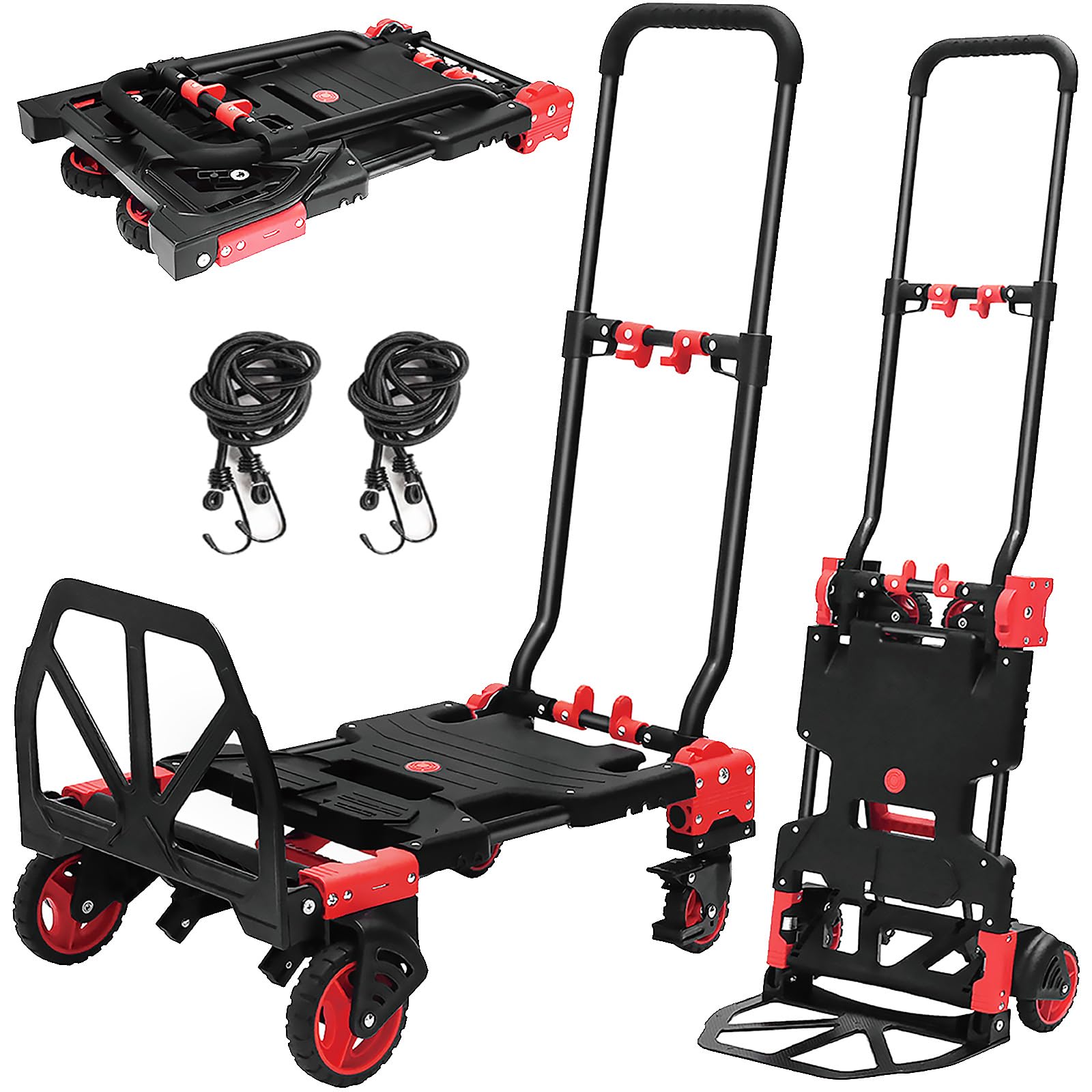 Photo 1 of 2-in-1 Folding Hand Truck – 330LB Heavy-Duty Dolly Cart with 2 Large Rubber Wheels, 2 Swivel Wheels with Brakes, Retractable Handle, Includes 2 Bungee Cords for Moving, Shopping, and Office Use (Red)