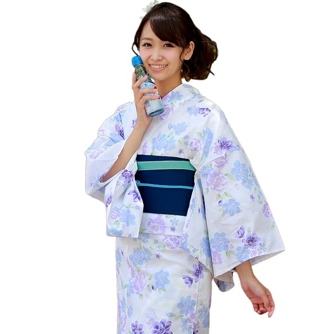 Amazon 浴衣 女 セット 白地に青と紫八重桜と小桜 平帯タイプ