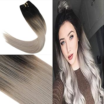Youngsee 14inch Clip In Hair Extensions Balayage Natural Black Fading To Grey Double Weft Clip On Human Hair Remy Clip In Balayage Hair Extensions