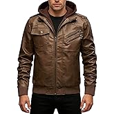 INVACHI Men's Leather Jacket Motorcycle Bomber Jacket Windproof PU Vintage Jacket with Removable Hood