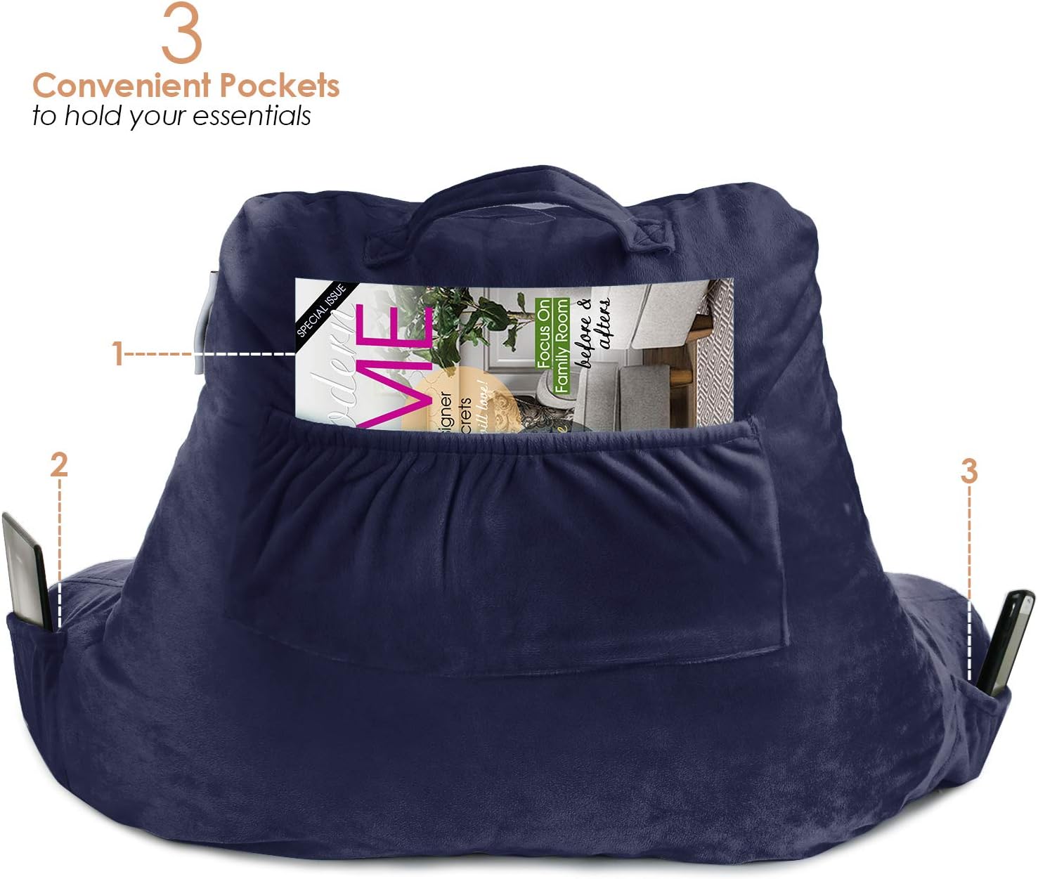 Nestl Reading Pillow, Medium Bed Rest Pillow with Arms for Kids Teens & Adults – Premium Shredded Memory Foam TV Pillow - Navy Blue: Home & Kitchen