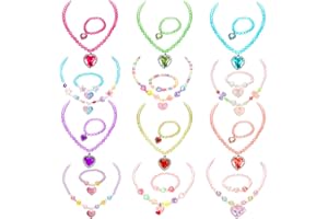 Swakuta 24 Pcs Girls Jewelry Set Include 12 Kids Necklace Choker and 12 Beaded Bracelet Princess Pretend Toddler Necklace Bra