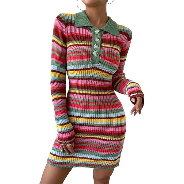 open lace back dress Women Sweater Dress Rainbow Striped Long Sleeve Loose Crochet Striped  Hollow Out Mini Drawstring Waist Dress at Amazon Women's Clothing store