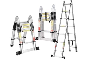 BOWEITI 14.5FT A Frame Telescoping Ladder, Aluminum Extension Ladder for 330lbs Capacity, Lightweight Telescopic Ladder w/Detachable Wheels & Non-Slip Feet for RV, Household, Outdoor(14.5FT,Silvery)