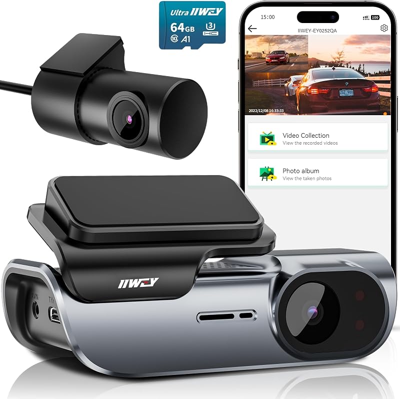 IIWEY EY02 4K Dash Cam Front Rear 5GHz WiFi Dual 64GB Card Included