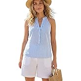 CUPSHE Women Tops Sleeveless Striped V Neck Tank Top Button Front Tee Shirt Casual XL Blue
