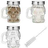 3pcs 3D Skull Design 4 oz Glass Spice Bottle with Handle, Salt Pepper Shaker, Clear Seasoning Jar with Stainless Steel Lid, Multipurpose Condiment Shaker for Kitchen Table (CLEAR)