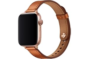 OUHENG Slim Band Compatible with Apple Watch 41mm 40mm 38mm, Women Genuine Leather Replacement Thin Strap for iWatch SE2 SE Series 8 7 6 5 4 3 2 1 (Brown/Rose Gold, 38mm)