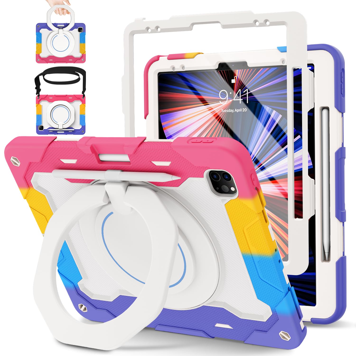 ROISKIN for iPad 12.9 Pro Case 6th/5th/4th/3rd Generation (2022/2021/2020/2018),Military Protective Cover for 12.9 inch iPad with Screen Protector & Pencil Holder & Rotating Stand & Shoulder Strap — image 1