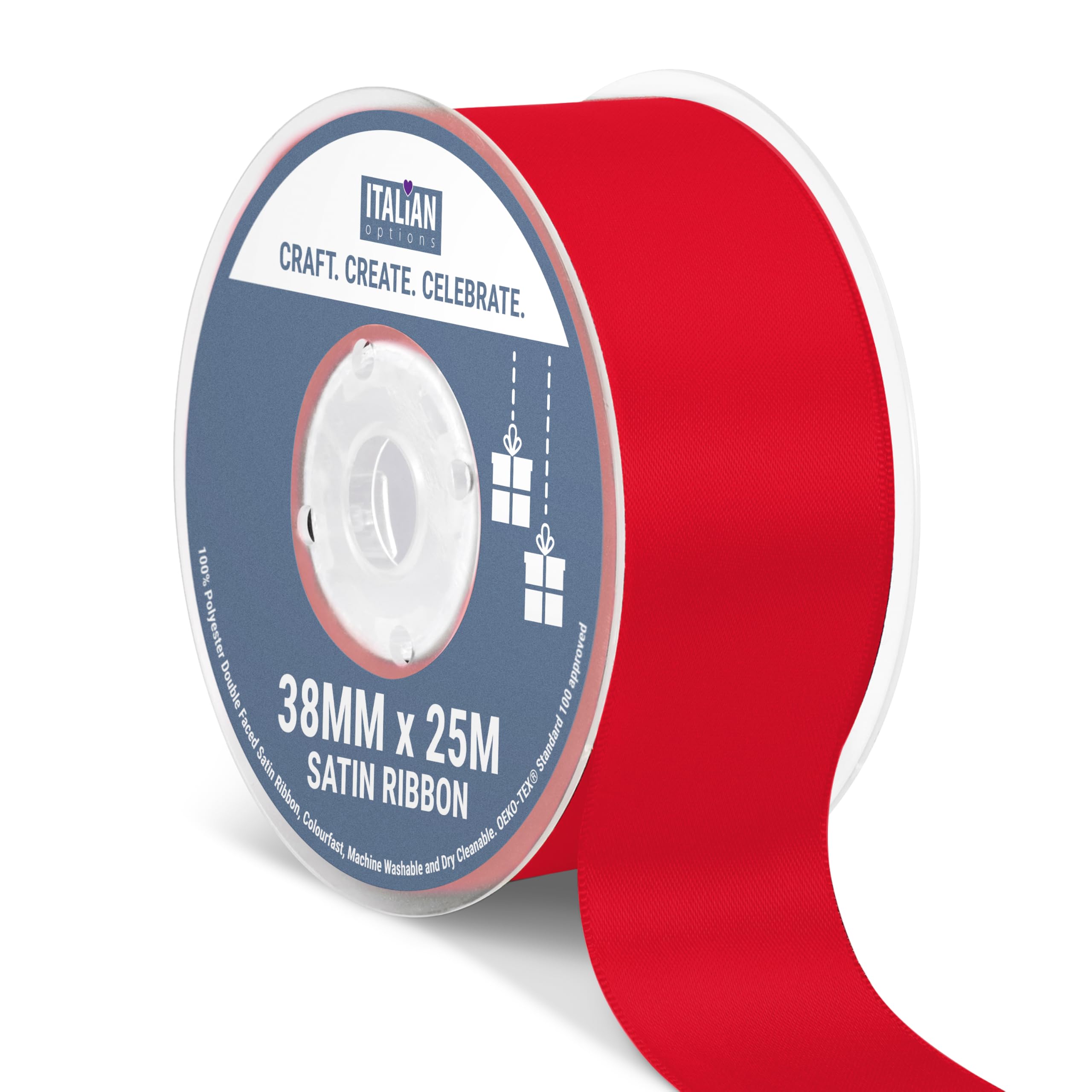 Italian Options Satin Ribbon, Fabric Ribbons for Gift Wrapping, Crafting, Balloons, Wedding Car, Presents, Cake, Christmas, Birthday, Gift Wrap Accessories, 38mm Wide x 25 Metre Roll, Red