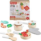 Fisher-Price Wood Pots &amp; Pans Set, Play Kitchen Toy | 19 Pieces, Wooden Metal &amp; Fabric Materials, Pretend Food &amp; Kitchen Accessories, Preschool Kids Ages 3+ Years