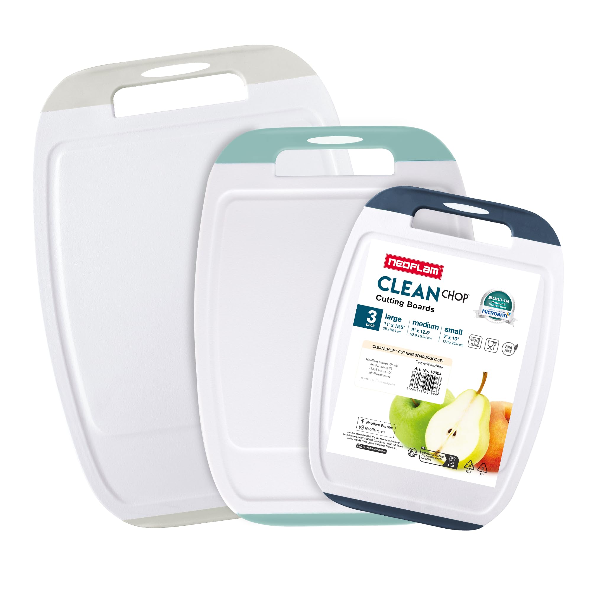 NEOFLAM® Antibacterial chopping board plastic non-slip – set of 3 chopping boards Microban® dishwasher safe – multi-coloured boards with juice groove and handle