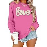 QAUN Valentines Sweatshirt Women: Love Chenille Pach Sweatshirts Valentines Shirt Love Heart Pullover Tops