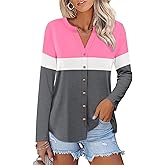TICTICMISS Womens Long Sleeve Tops Button Down Shirts Color Block Casual Fall Shirts Trendy Tops