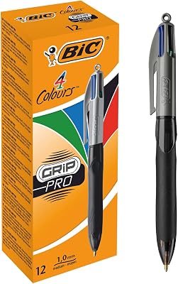 BIC Grip Pro 4 cores, canetas Grip Zone, ideal para escritório escolar e casa, azul, preto, vermelho, verde, pacote de 12 unidades