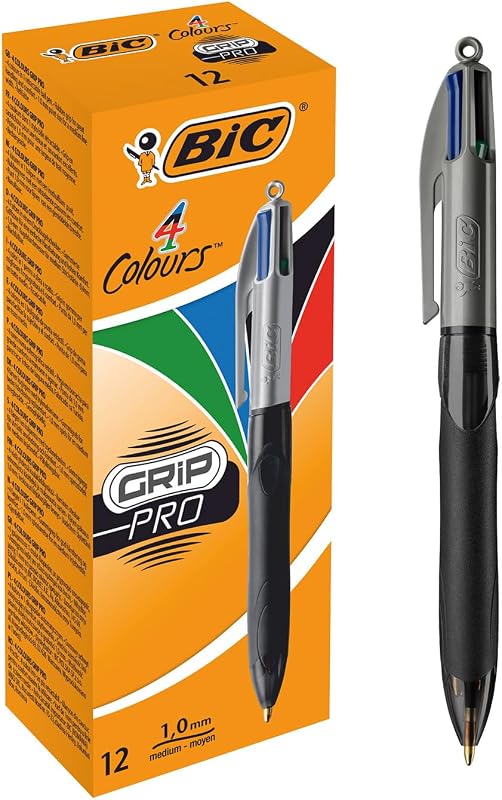 BIC Grip Pro 4 cores, canetas Grip Zone, ideal para escritório escolar e casa, azul, preto, vermelho, verde, pacote de 12 unidades