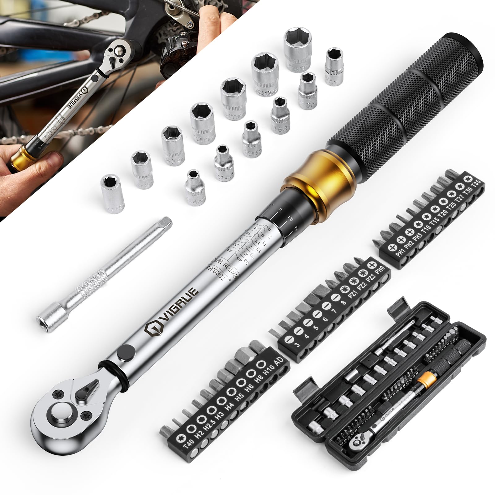 Drehmomentschlüssel Fahrrad 5-25 Nm, VIGRUE Drehmomentschlüssel 1/4 Zoll, ±4% Genauigkeit, Torque Wrench Set mit Ratsche, Verlängerungsstange, Universalgelenk, Zündkerzenhülse, Bits für Motorrad, Auto