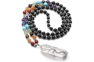 Jovivi Natural 7 Chakras Healing Crystals Necklace Wire Wrapped Clear Quartz Stone Pendant Healing Pointed Reiki Energy Balancing