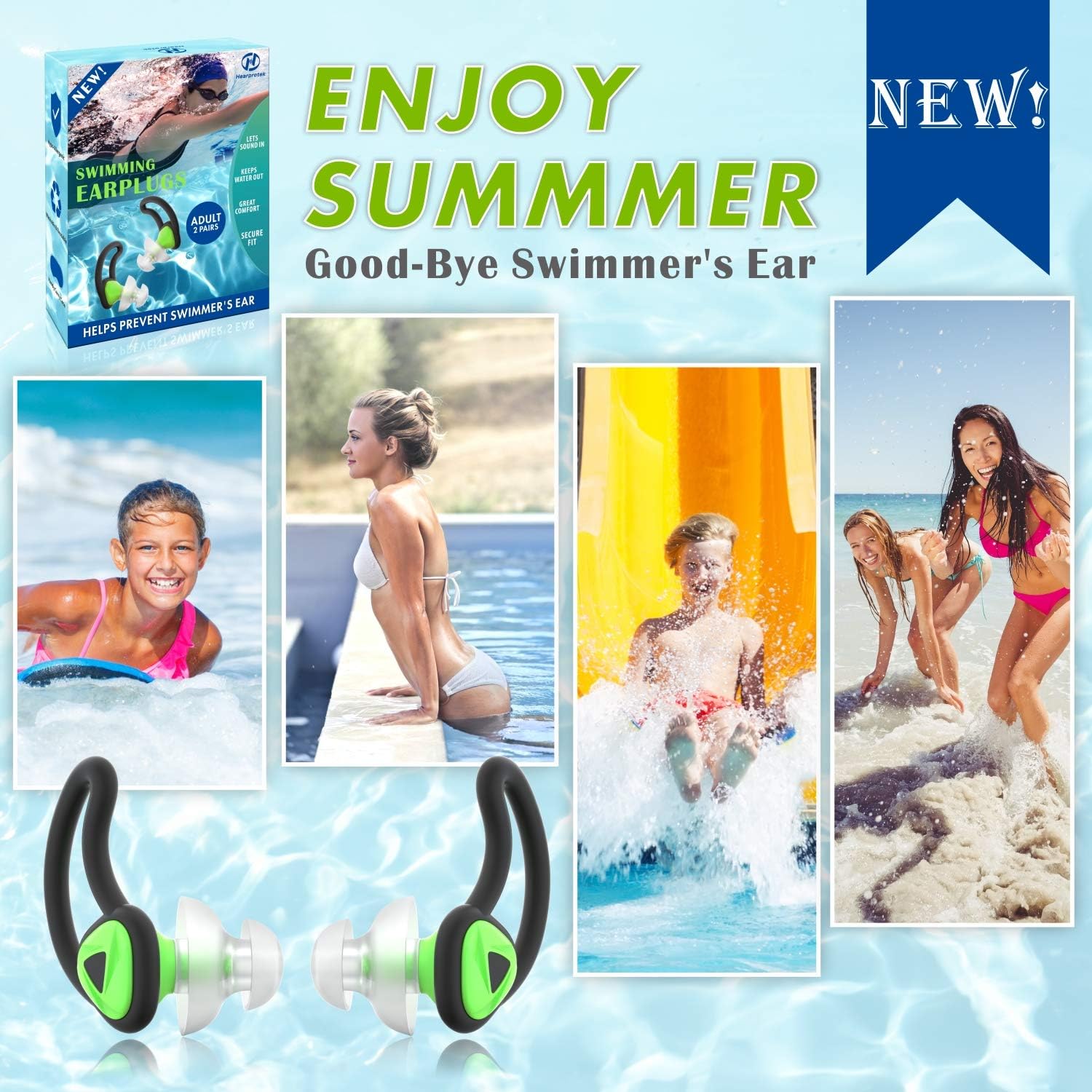 2 Pairs Swimmer Ear Plugs Adults, Hearprotek Upgraded Silicone Custom-fit Water Protection Swimming earplugs for Swimmers Water Pool Shower Bathing and Other Water Sports(Green): Health & Personal Care